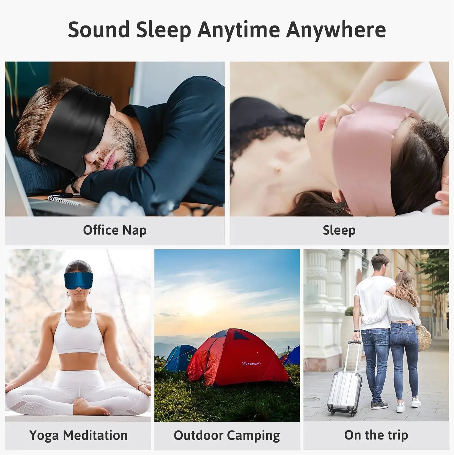 Eye mask being used in various scenarios with text 'Sound Sleep Anytime Anywhere'. Nº 12 Éclat de Rose Nº 08 Brume d’Argent Nº 21 Ombre Noire Nº 14 Bleu Céleste