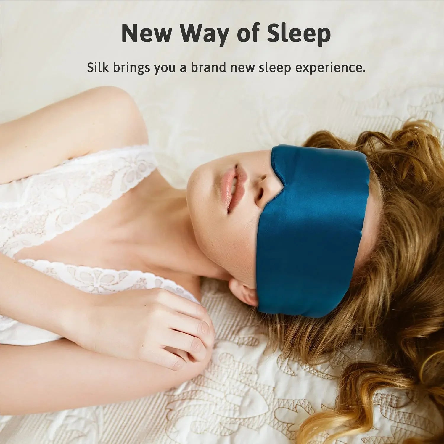 Woman wearing a blue silk sleep mask with text 'New Way of Sleep' and 'Silk brings you a brand new sleep Nº 14 Bleu Céleste experience.'