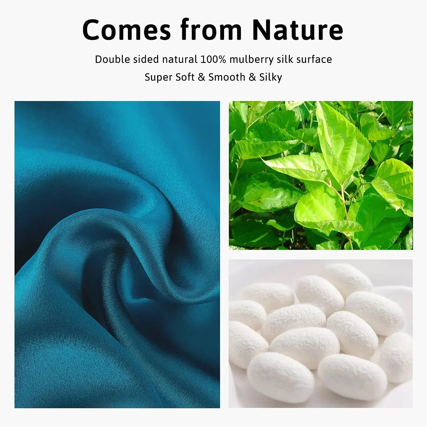 Text 'Comes from Nature' with images of blue fabric, green leaves, and white silk cocoons. Nº 12 Éclat de Rose Nº 08 Brume d’Argent Nº 21 Ombre Noire Nº 14 Bleu Céleste