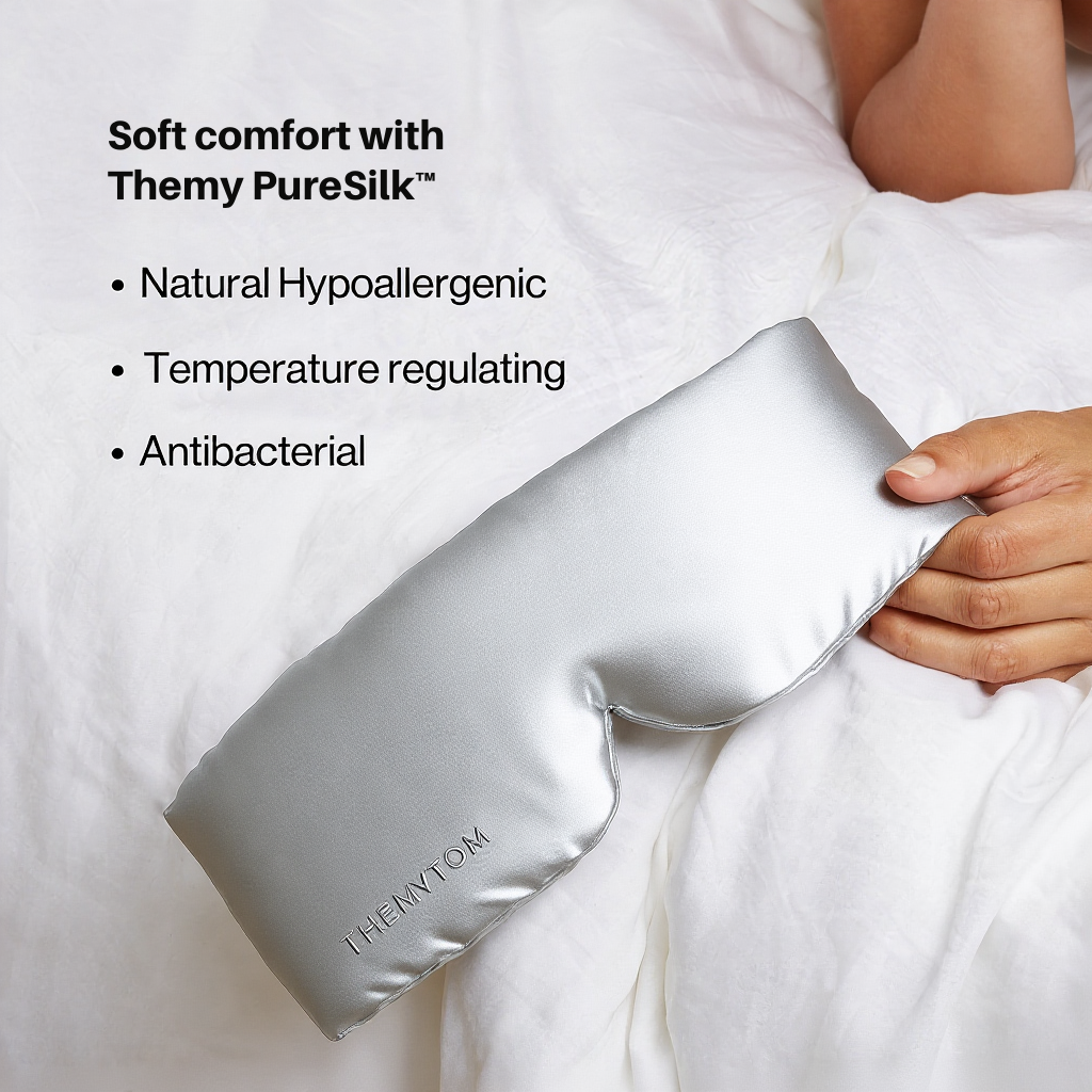 Silk pillowcase held by a hand with text highlighting features on a white background Nº 08 Brume d’Argent