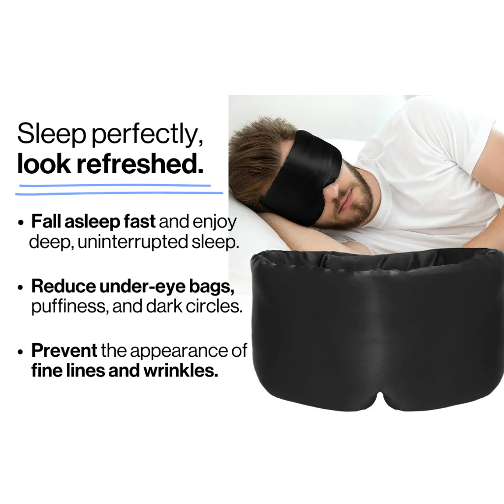 Black sleep mask with text highlighting benefits on a white background Nº 21 Ombre Noire