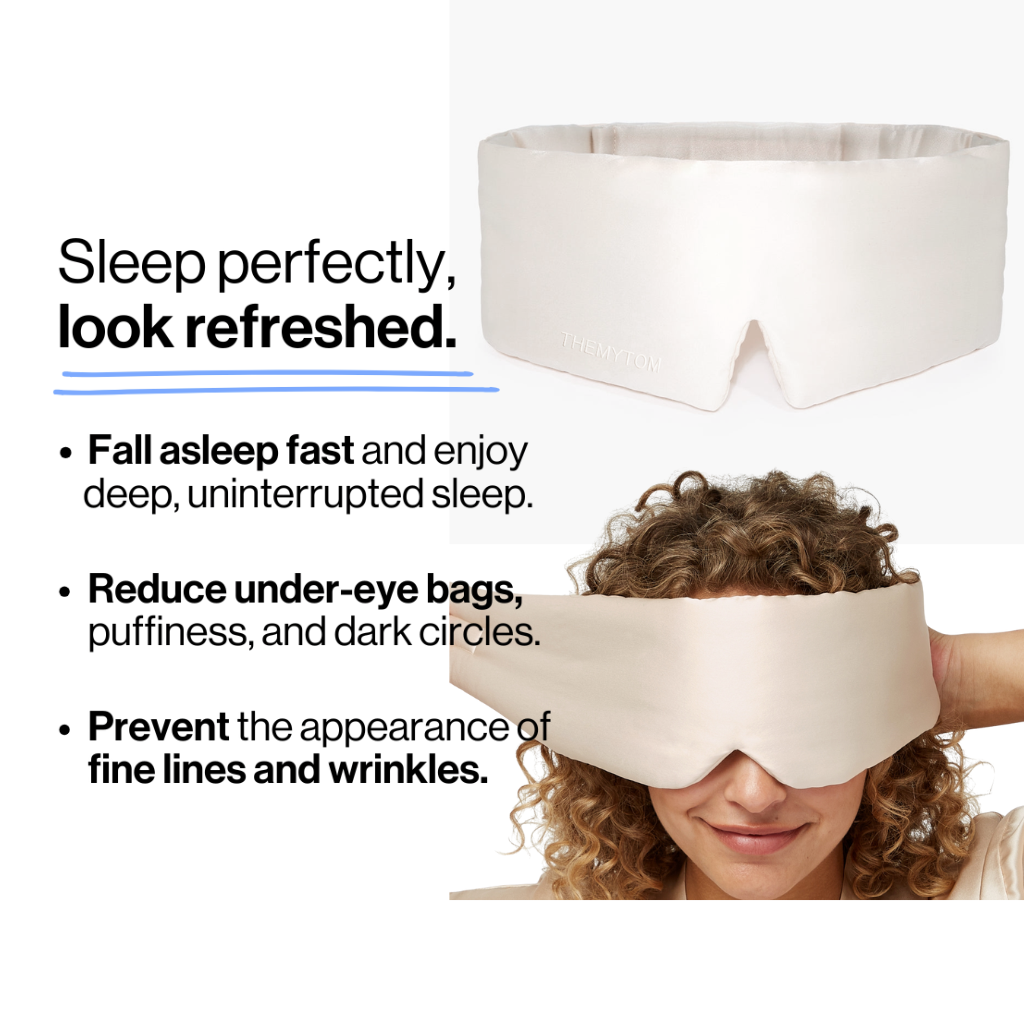 Person wearing a white sleep mask with product benefits text on a white background Nº 08 Brume d’Argent
