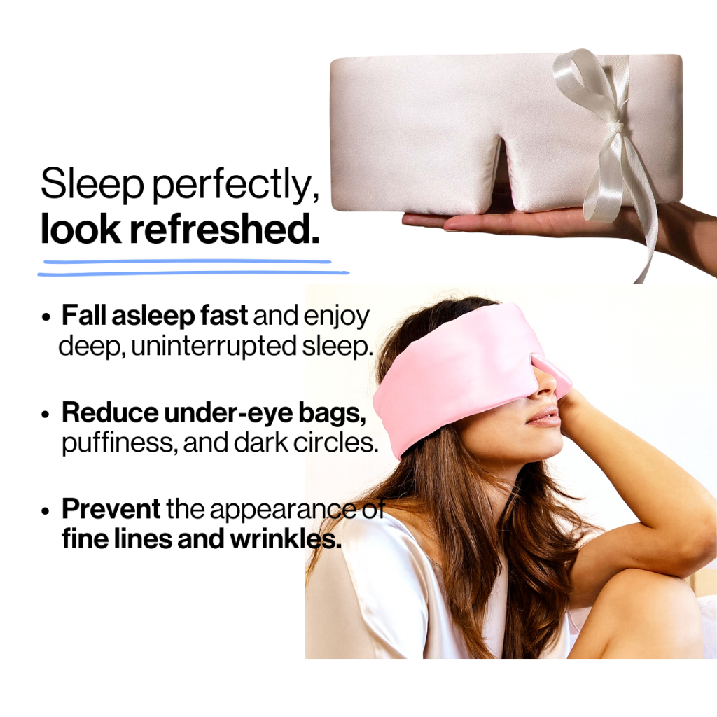 Person wearing a pink sleep mask with text about sleep benefits and a gift box in the background. Nº 12 Éclat de Rose