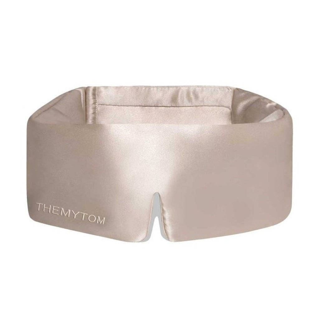 Beige satin headband with 'THEMYTOM' branding on a white Nº 08 Brume d’Argentbackground