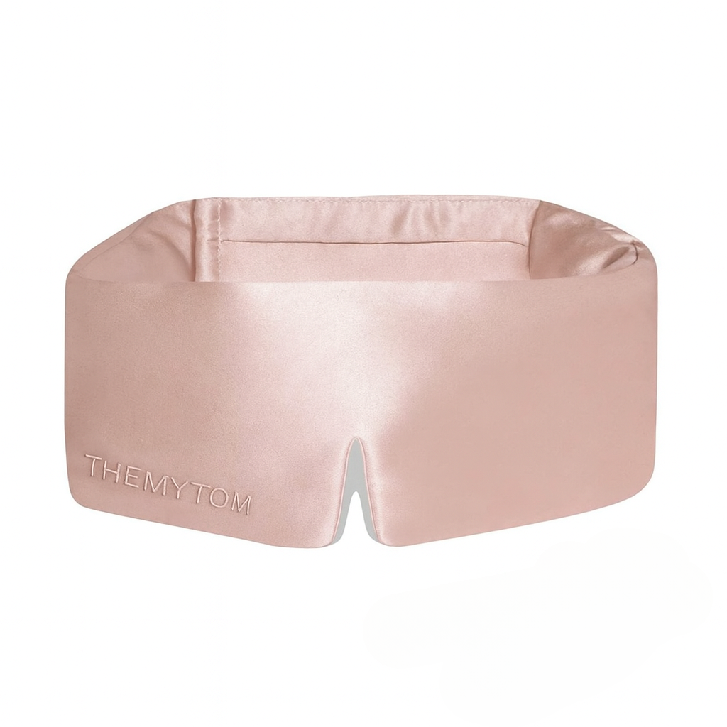 Pink satin eye mask with 'THEMYTOM' branding on a white background Nº 12 Éclat de Rose