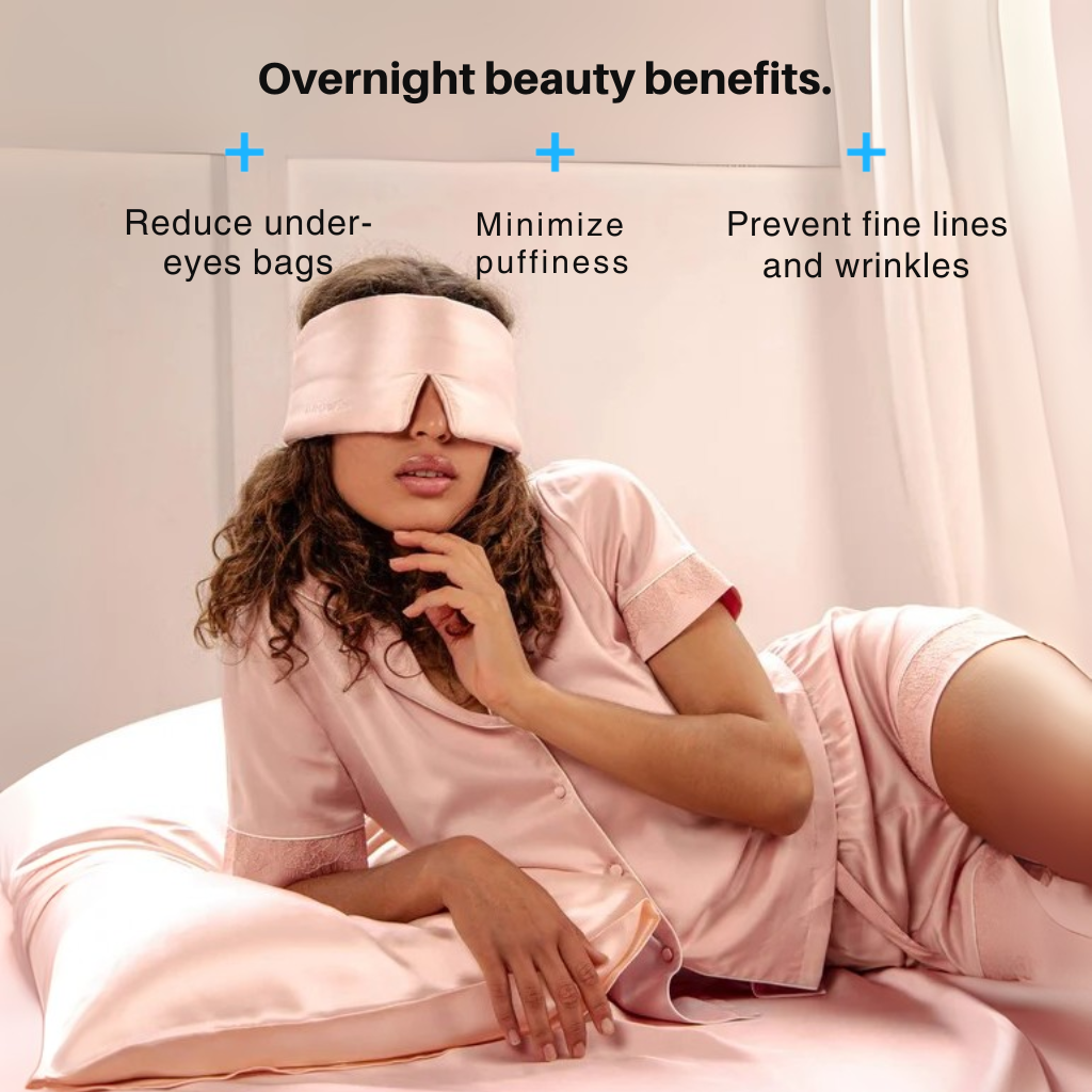 Woman wearing a pink sleep mask with text highlighting overnight beauty benefits. Nº 12 Éclat de Rose
