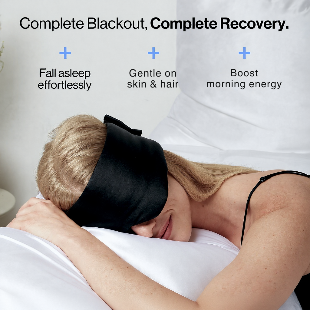Person wearing a black sleep mask with text highlighting benefits on a white background Nº 21 Ombre Noire