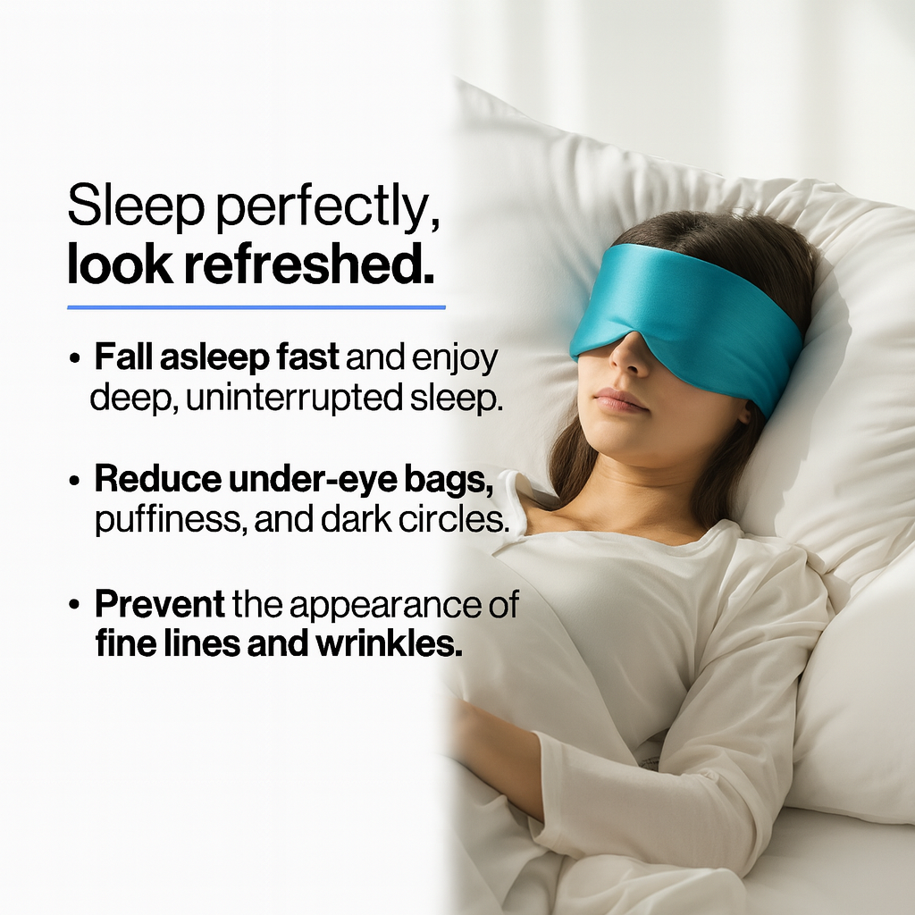 Person wearing a blue sleep mask with text about sleep benefits on a white background Nº 14 Bleu Céleste