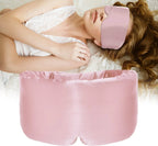 Woman wearing a pink eye mask with a matching pink pillow on a white background Nº 12 Éclat de Rose