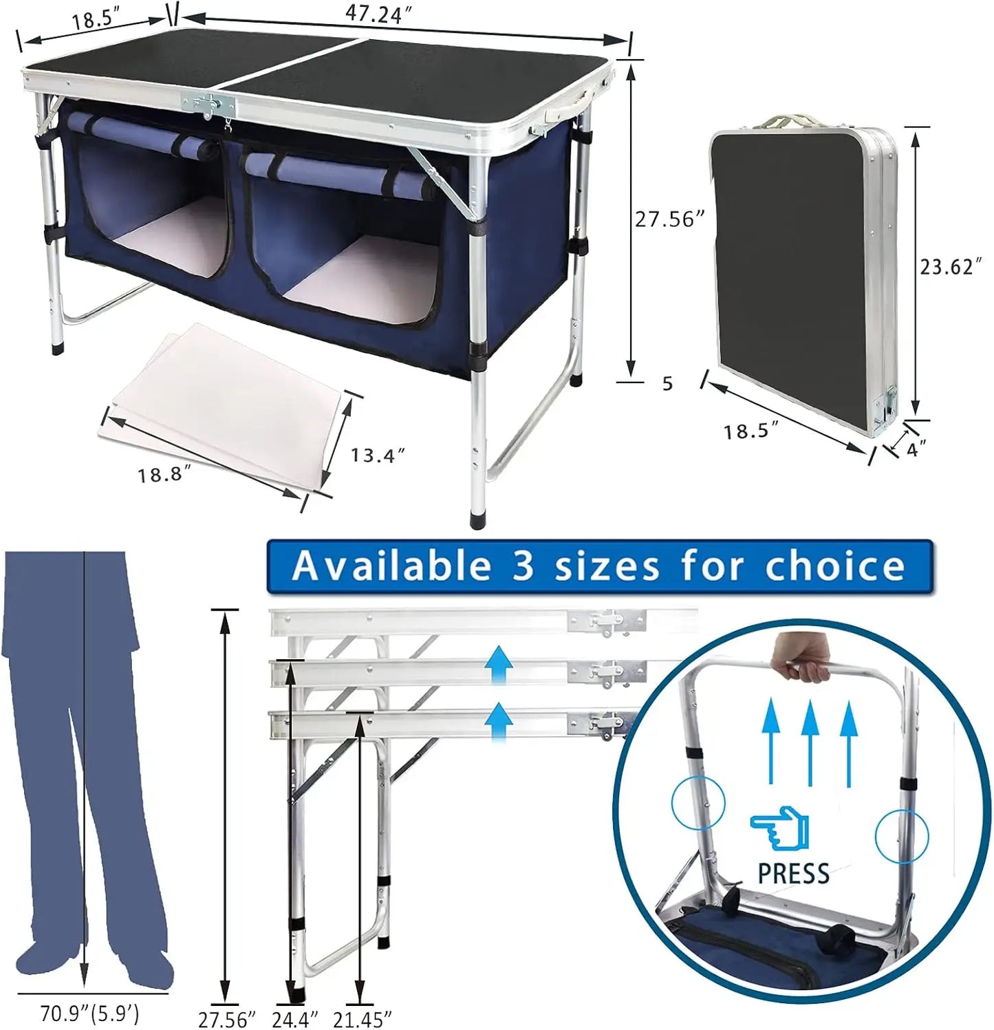 Camping Table with Storage Compartment Aluminum Lightweight Camp Kitchen Table Height Adjustable Indoor/Outdoor Table Pe