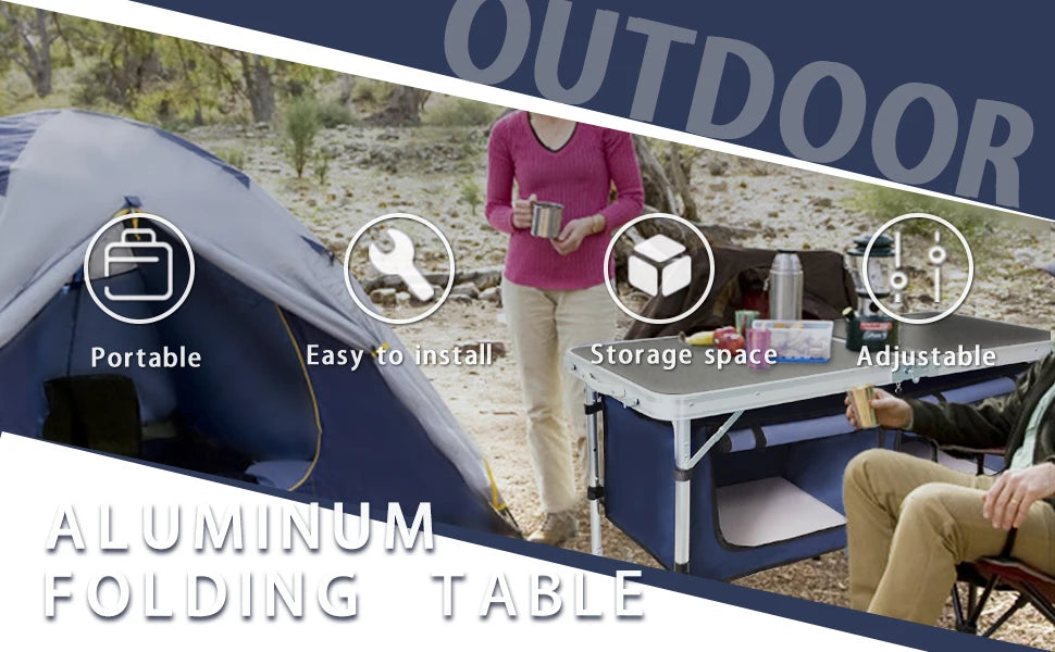 Camping Table with Storage Compartment Aluminum Lightweight Camp Kitchen Table Height Adjustable Indoor/Outdoor Table Pe