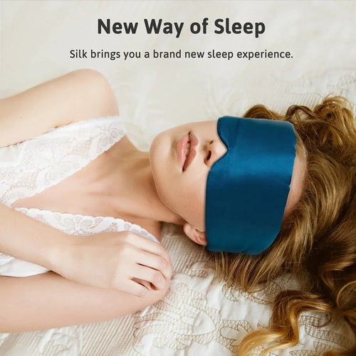 Woman wearing a blue silk sleep mask with text 'New Way of Sleep' and 'Silk brings you a brand new sleep Nº 14 Bleu Céleste  experience.'