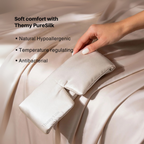 Themy PureSilk pillowcase being held over a bed with product features listed. Nº 08 Brume d’Argent