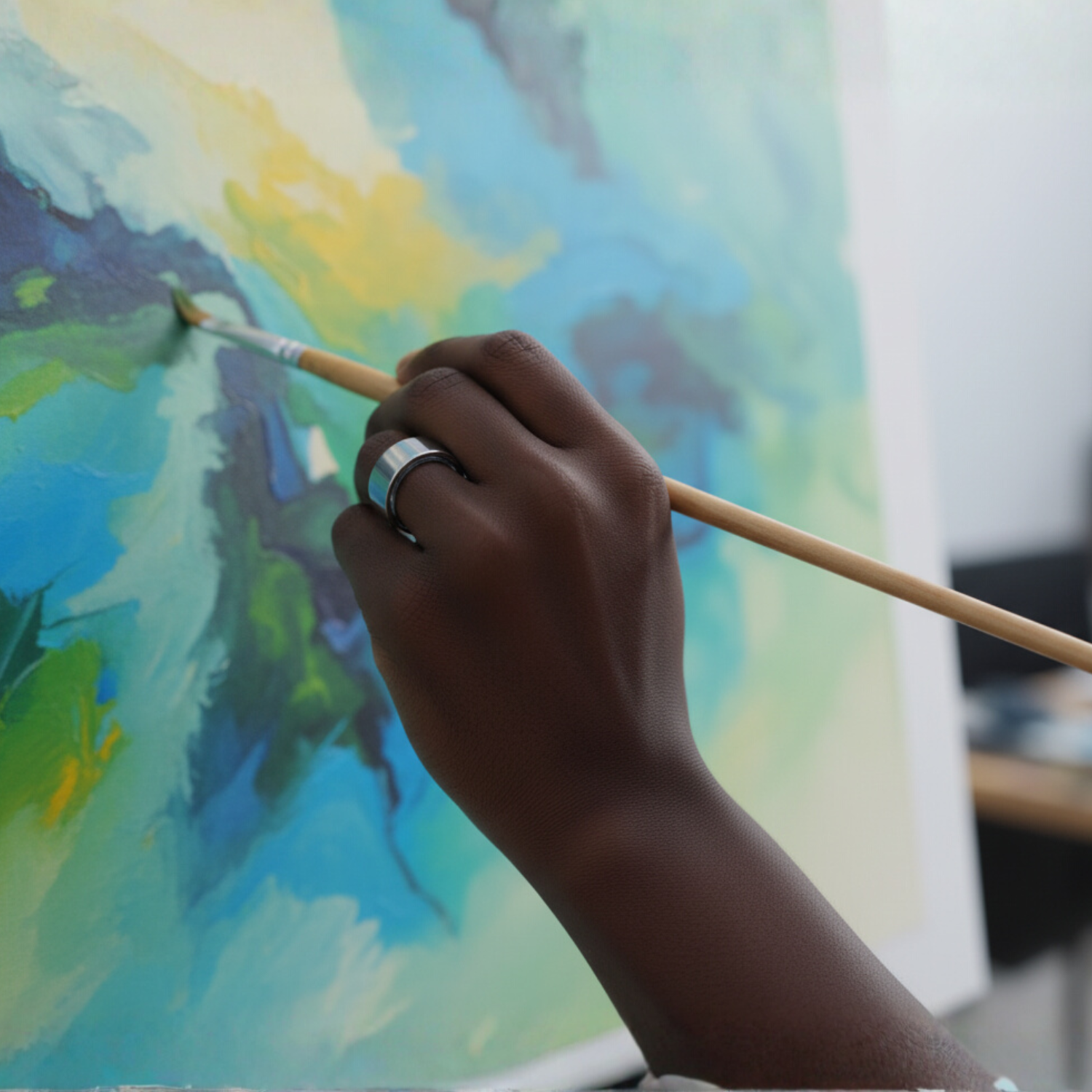 Hand with a paintbrush painting on a colorful canvas silver ring