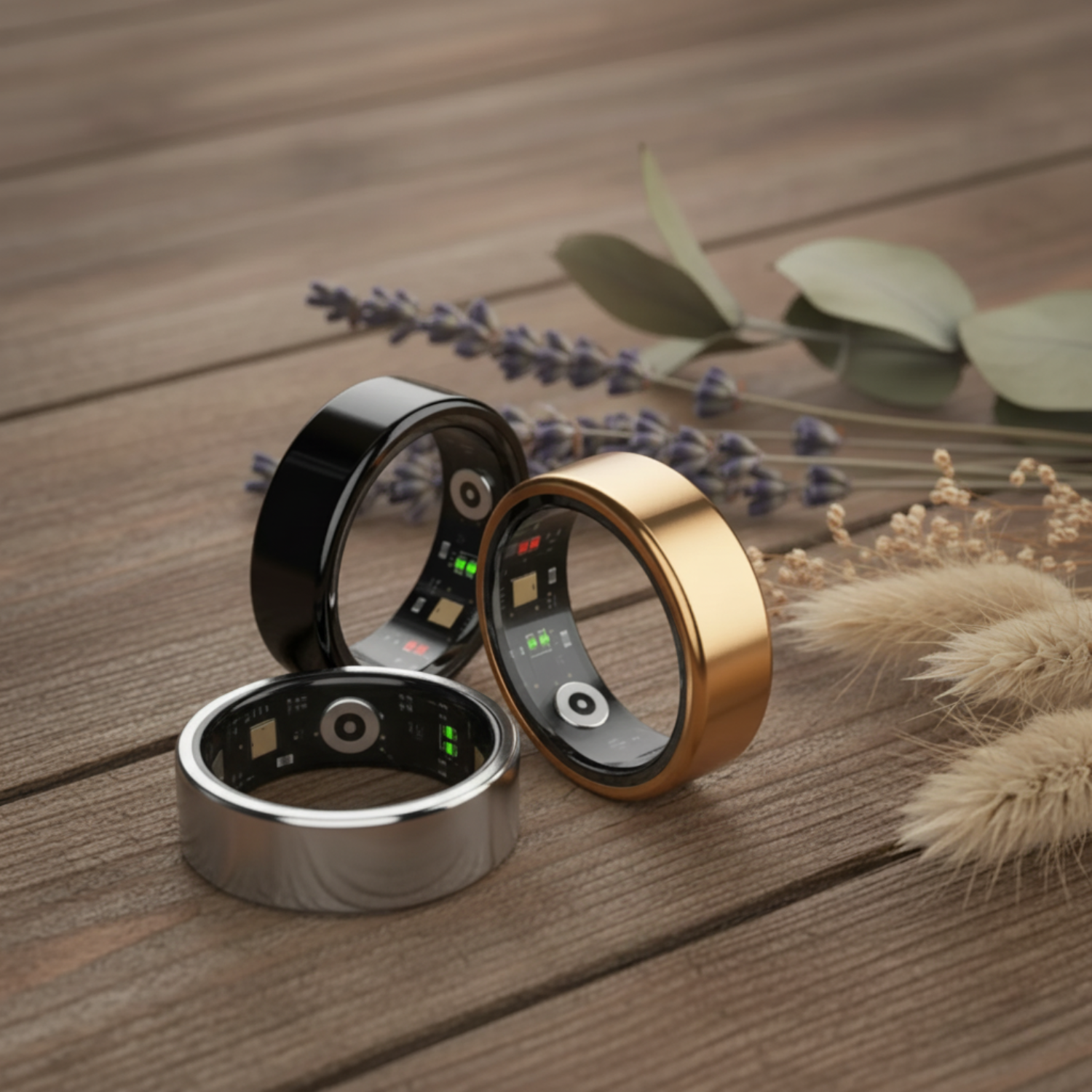 Three metallic black silver gold rings on a wooden surface with flowers and leaves.