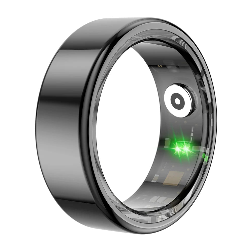 Black Smart ring with electronic components on a white background