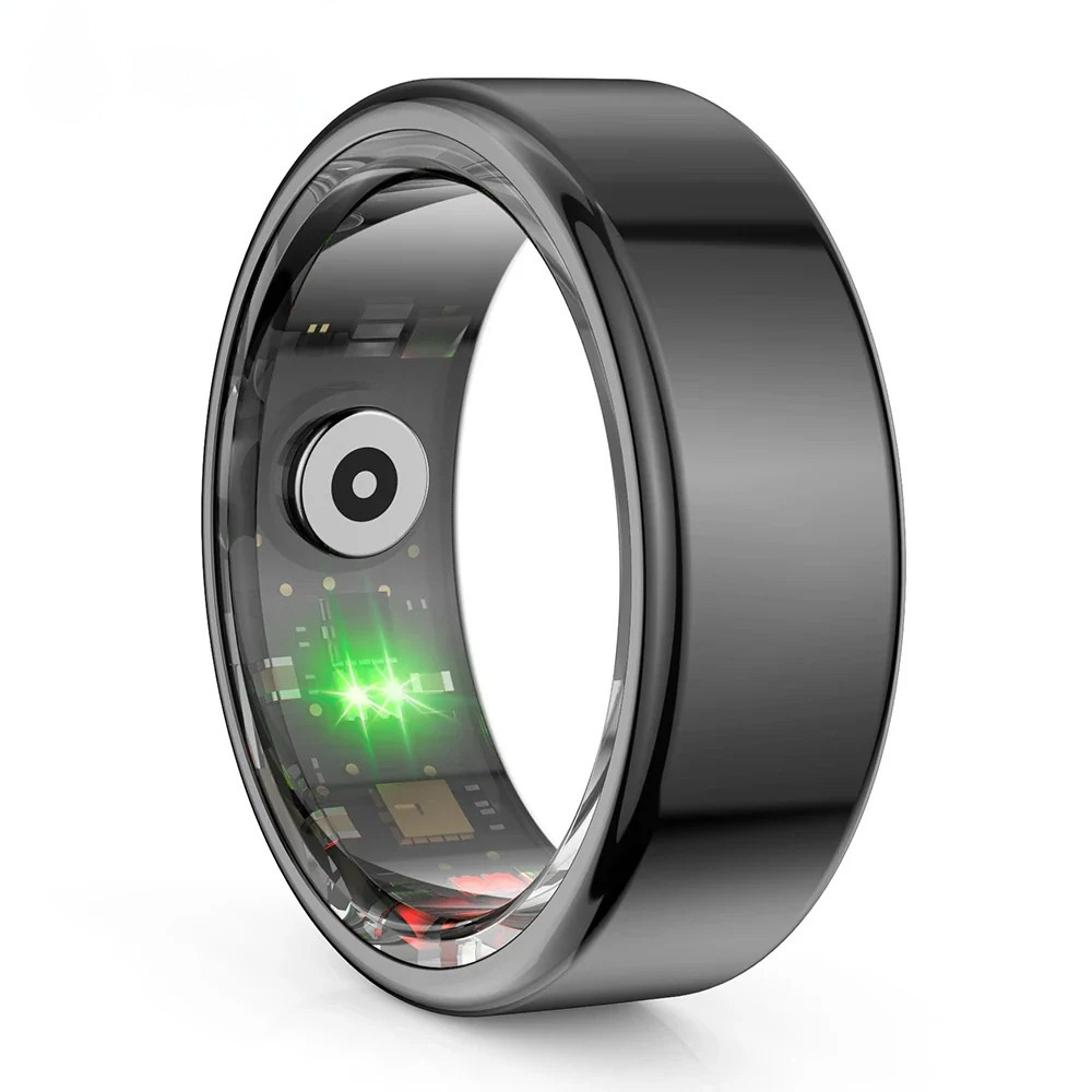 black Smart ring with electronic components on a white background