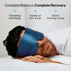 Man wearing a blue sleep mask with text highlighting benefits on a white background Nº 14 Bleu Céleste 